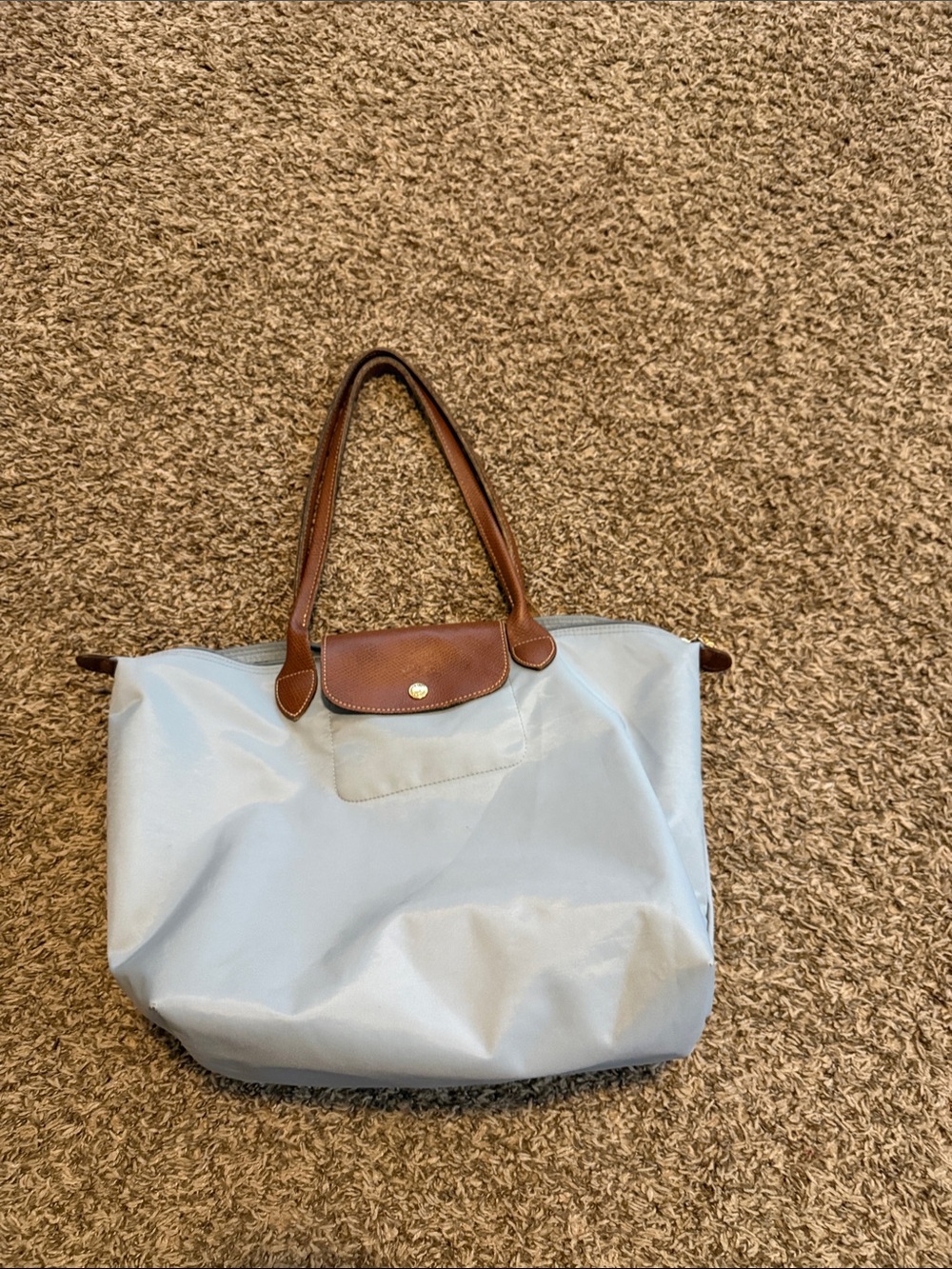 Longchamp gray Nylon Tote with Brown Leather Trim, size large